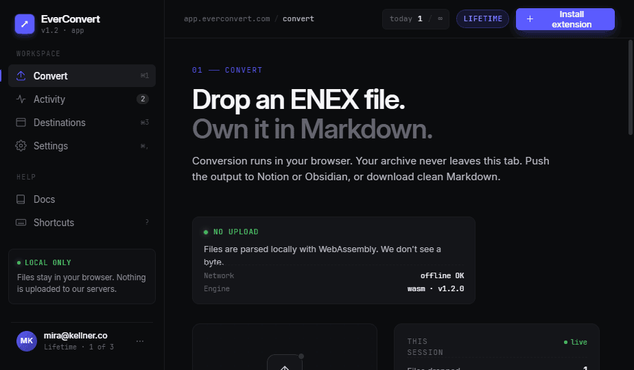EverConvert web app — Convert dashboard in idle state